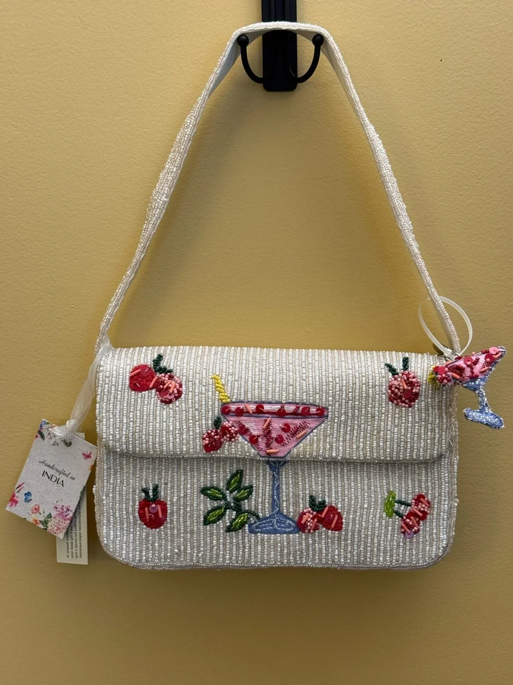 Handcrafted Beaded White Cherry Martini Shoulder Bag NWT Tik Tok Viral - Picture 1 of 8